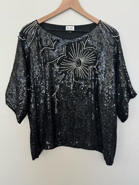 Vintage‎ Royal Silk Beaded Sequin Top Size XL Festival Indie Glam Floral Retro